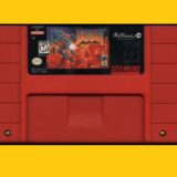 The SNES cartridge for Doom appears in front of a yellow background.