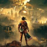 A warrior looks out at the ruins of a city.