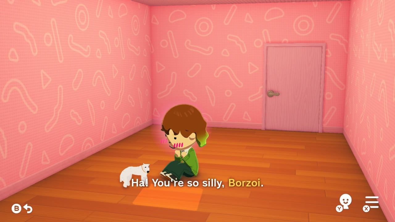 A Mii sits in a pink room. 