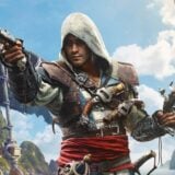 A pirate holds up guns on a ship.