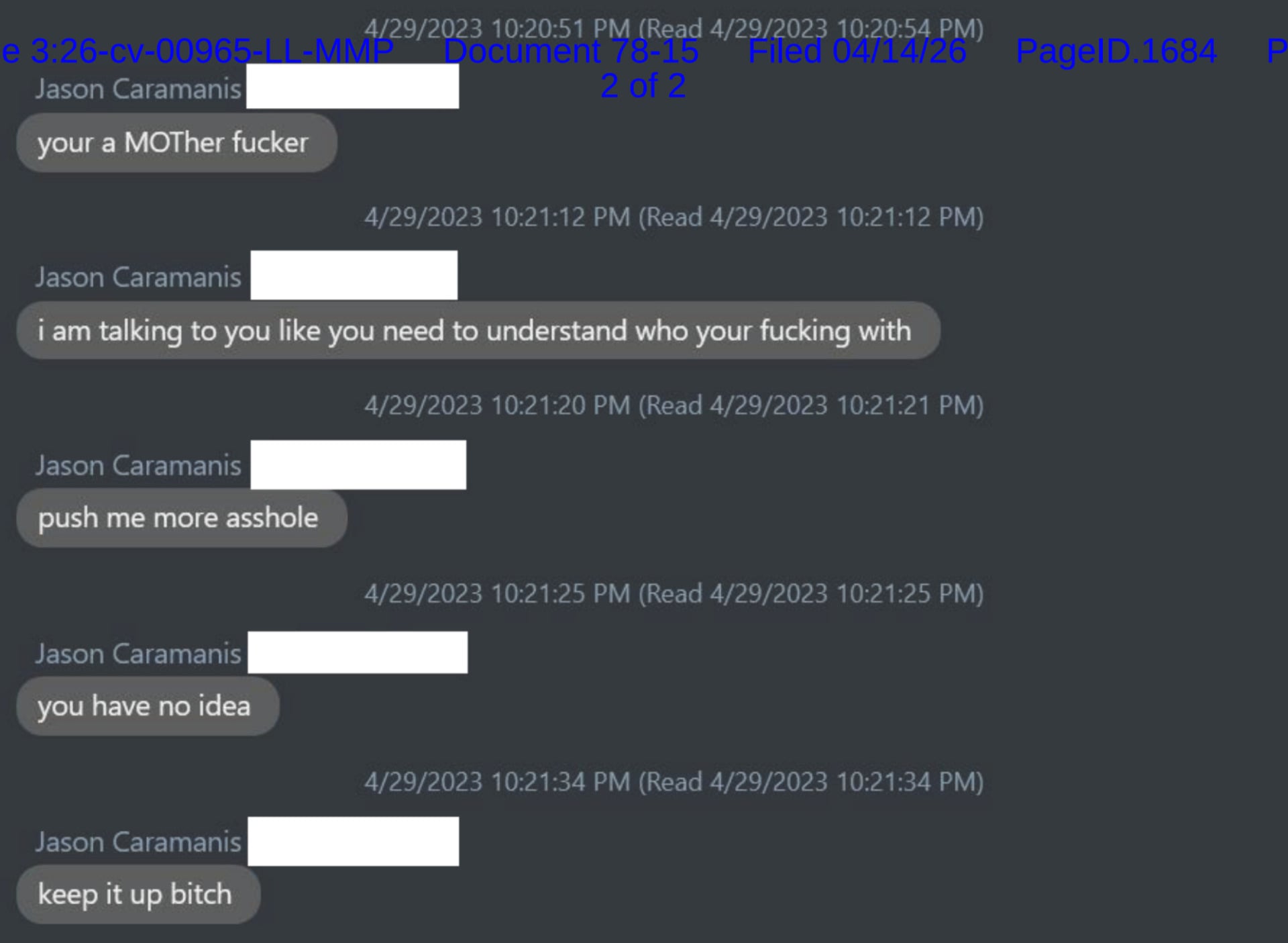 Image of alleged Jason Caramanis texts in United States District Court for the Southern District of California Ashes of Creation case 