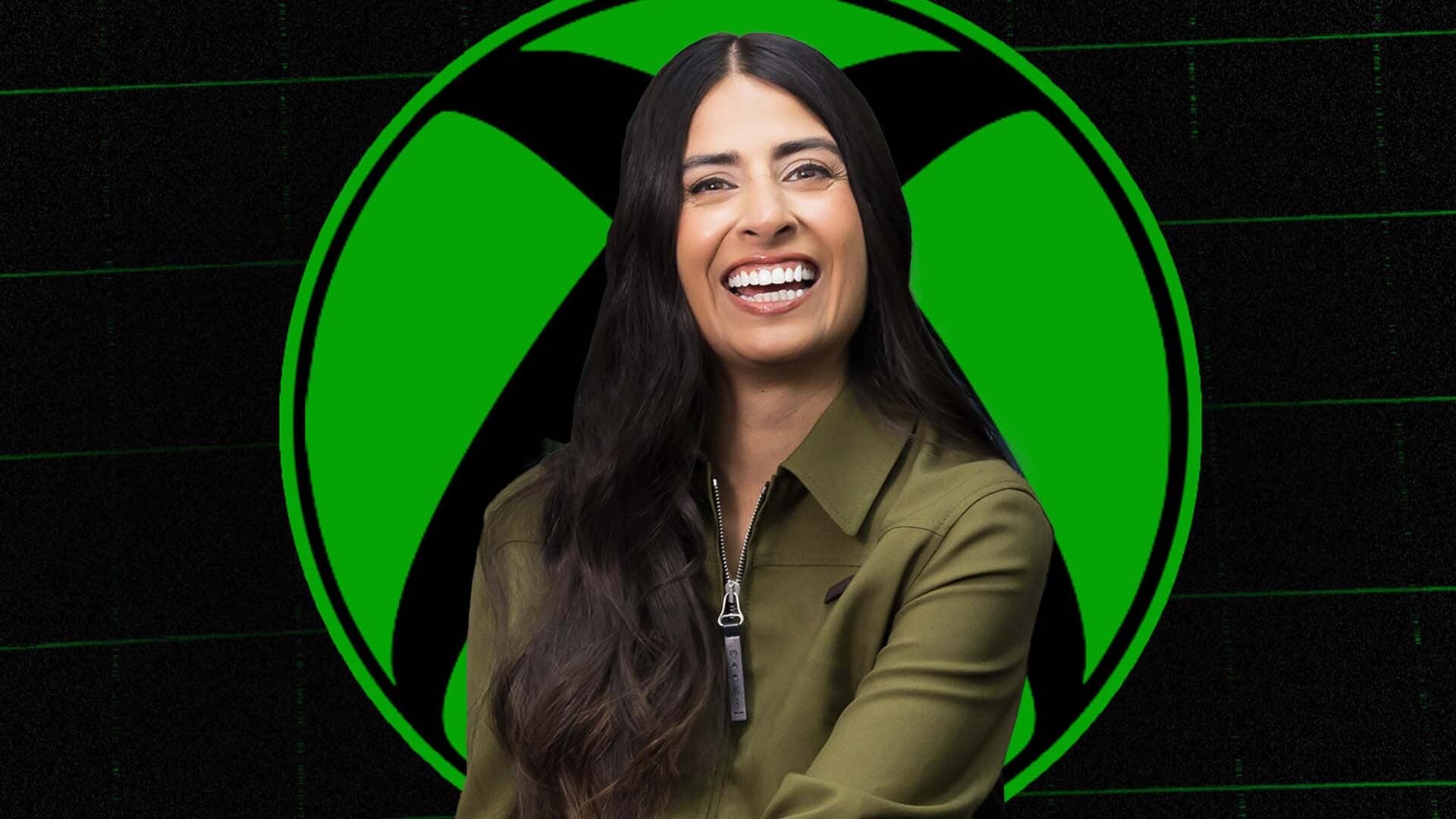 Asha Sharma appears in front of an Xbox logo.