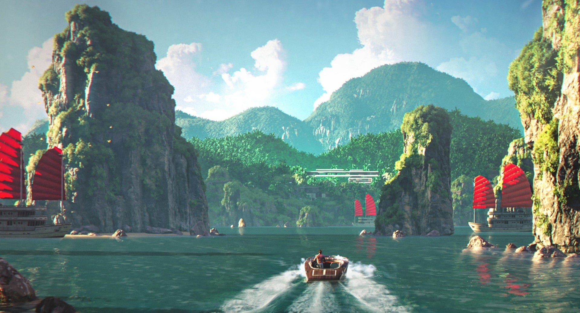 A boat races down a beautiful river.