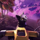 A screenshot from There Are No Ghosts at the Grand showing the player on a motorbike with a cat riding on front