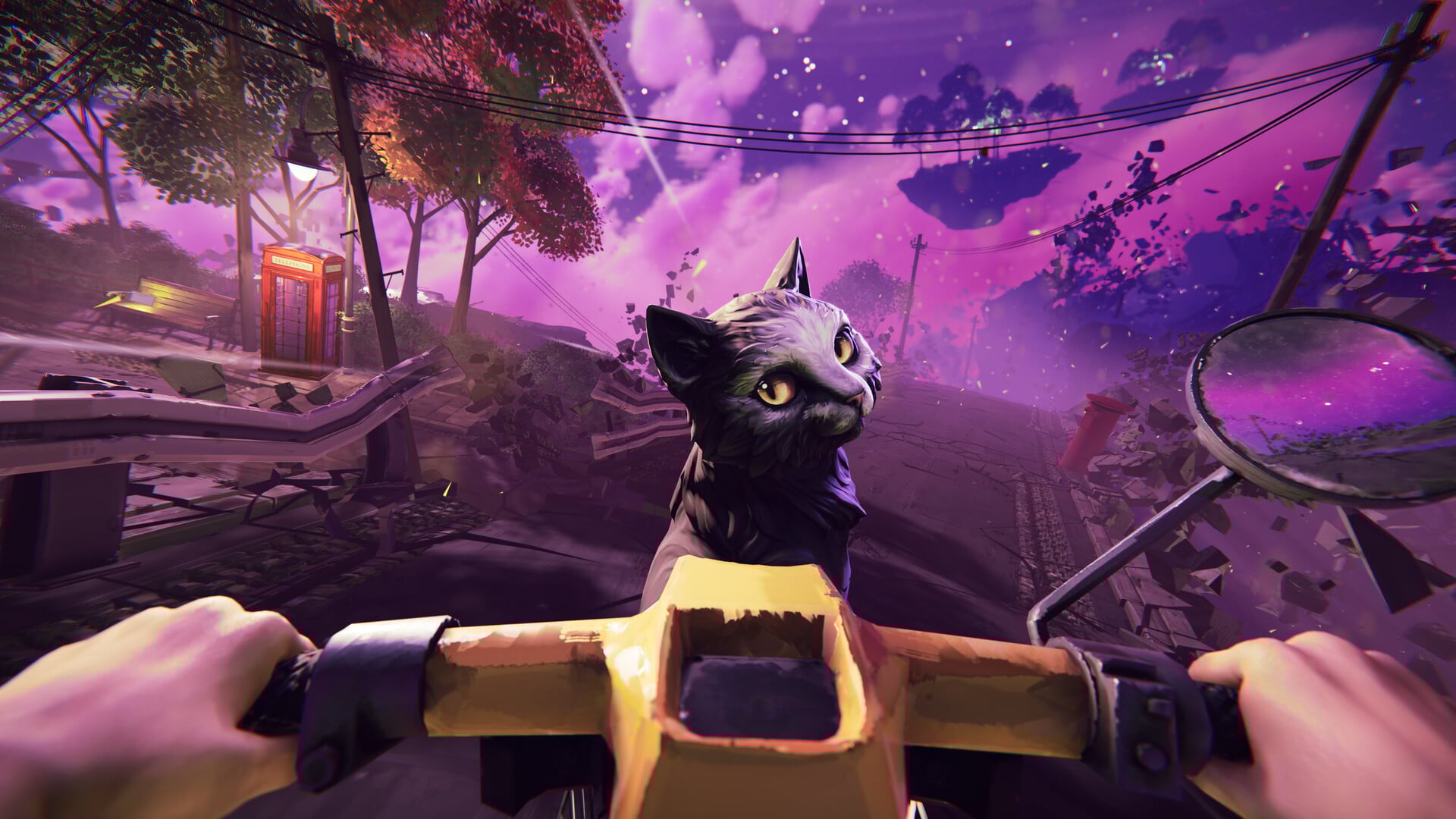 A screenshot from There Are No Ghosts at the Grand showing the player on a motorbike with a cat riding on front