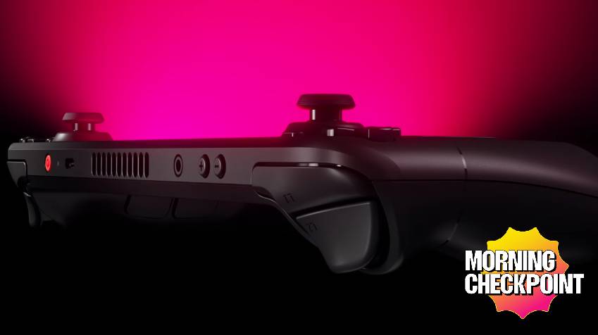 A Steam Deck glows pink.