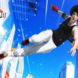 A woman runs along the side of a wall.