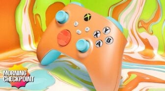 An Xbox controller appears in orange, green, and blue.