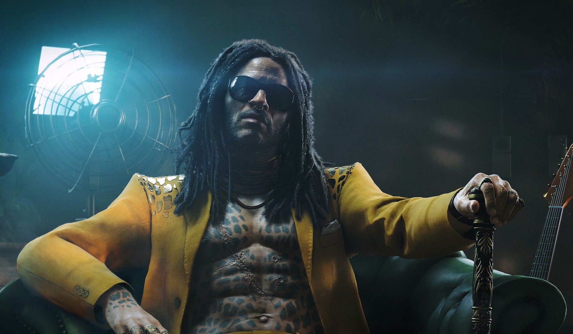 Lenny Kravitz wears a yellow coat. 