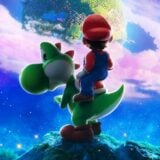 Mario rides on Yoshi's back.