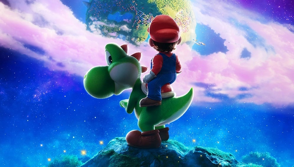 Mario rides on Yoshi's back.