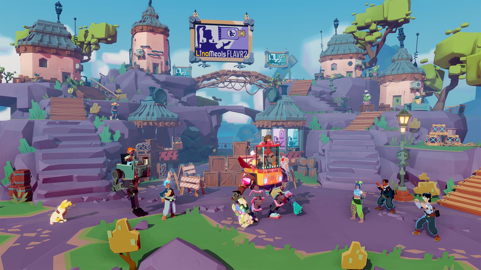 Characters appear in a colorful town.