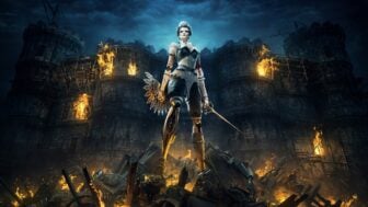 A doll warrior stands atop burning rubble.