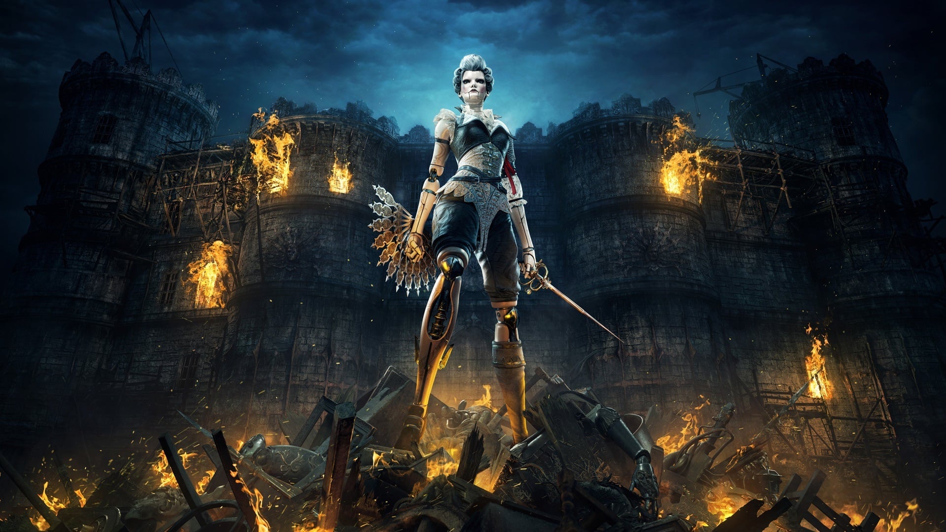 A doll warrior stands atop burning rubble.