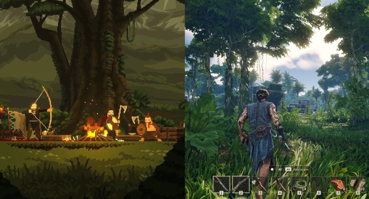 Pixel art dwarves and a hyper-realistic pirate adventure in the wilderness.