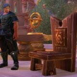 A WoW character looks at a chair.