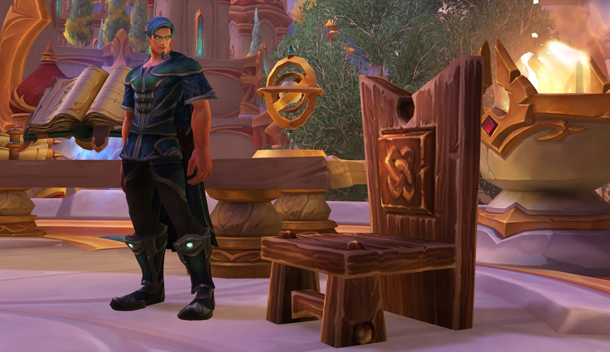 A WoW character looks at a chair.