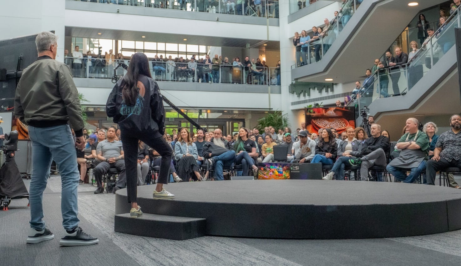 Asha Sharma and Matt Booty talk to employees at Microsoft.