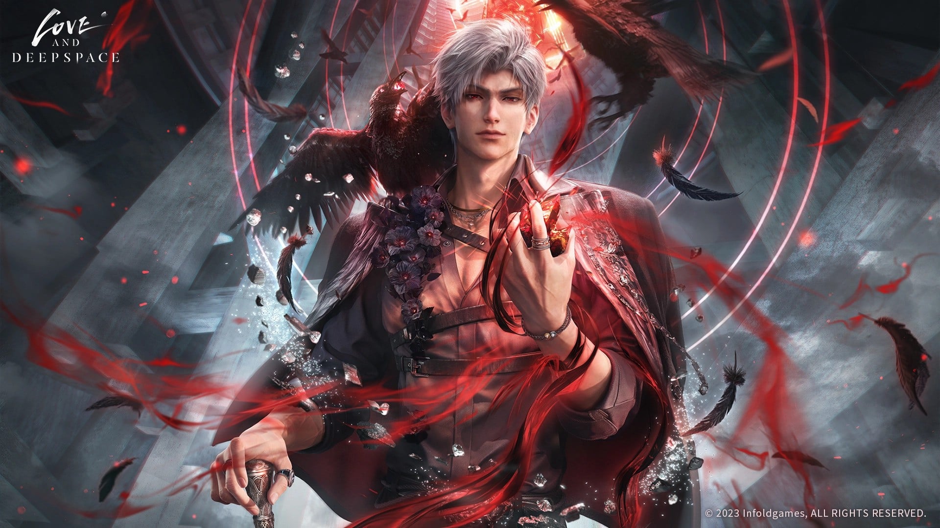 Image from Love and Deepspace featuring one of the game's male love interest Sylus, a white haired man wreathed in swirls of red magic.