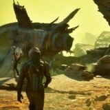 A man in a space suit walks out on a yellow planet.