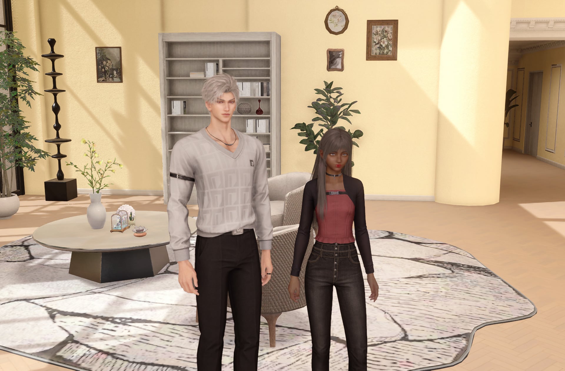 Screenshot from Love and Deepspace featuring a player character and one of the game's love interest inside the player's customizable home.