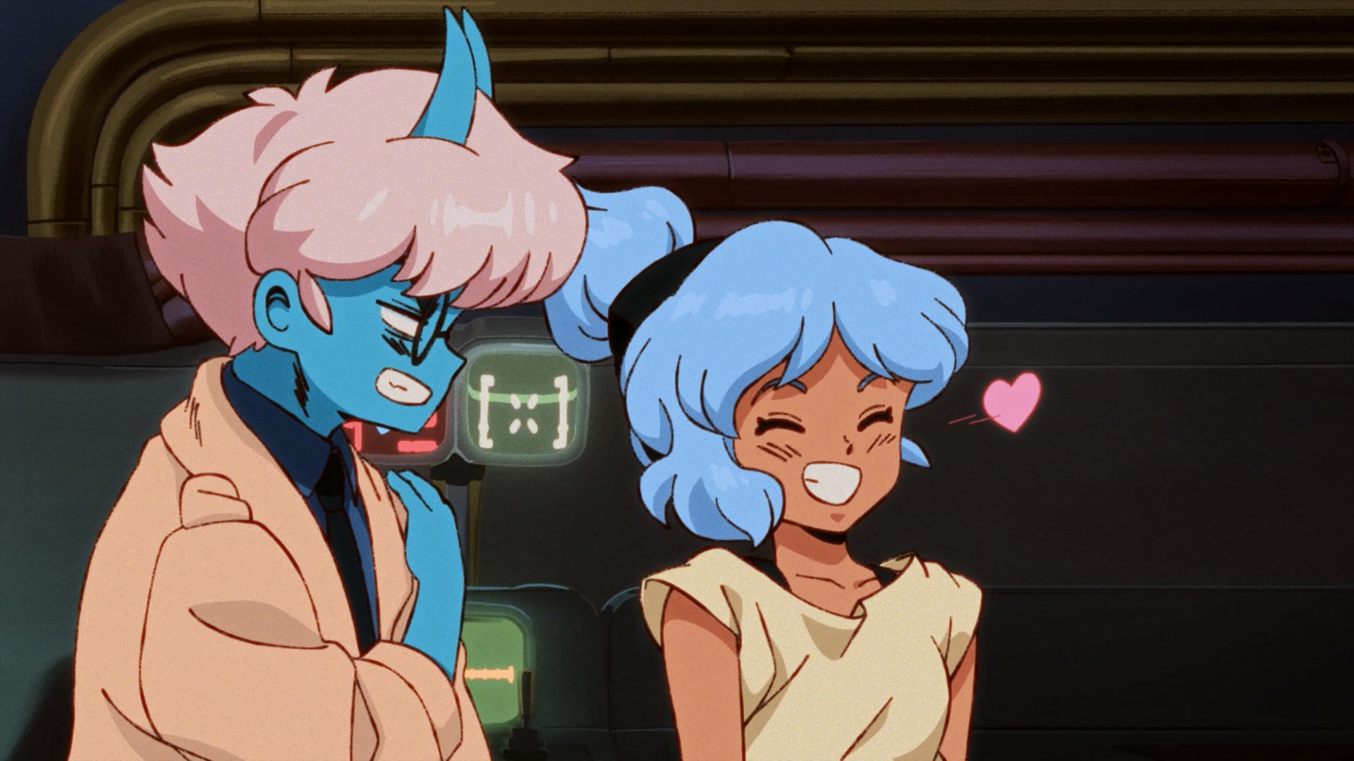 Screenshot from the game Orbitals featuring the game's two protagonists, Omura and Maki.