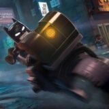 Lego Batman rides his Bat Motorcycle.