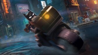 Lego Batman rides his Bat Motorcycle.