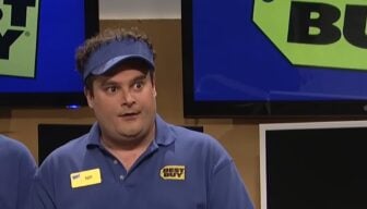 A Best Buy employee looks confused.
