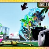 An FPS HUD sits over a surreal level design.