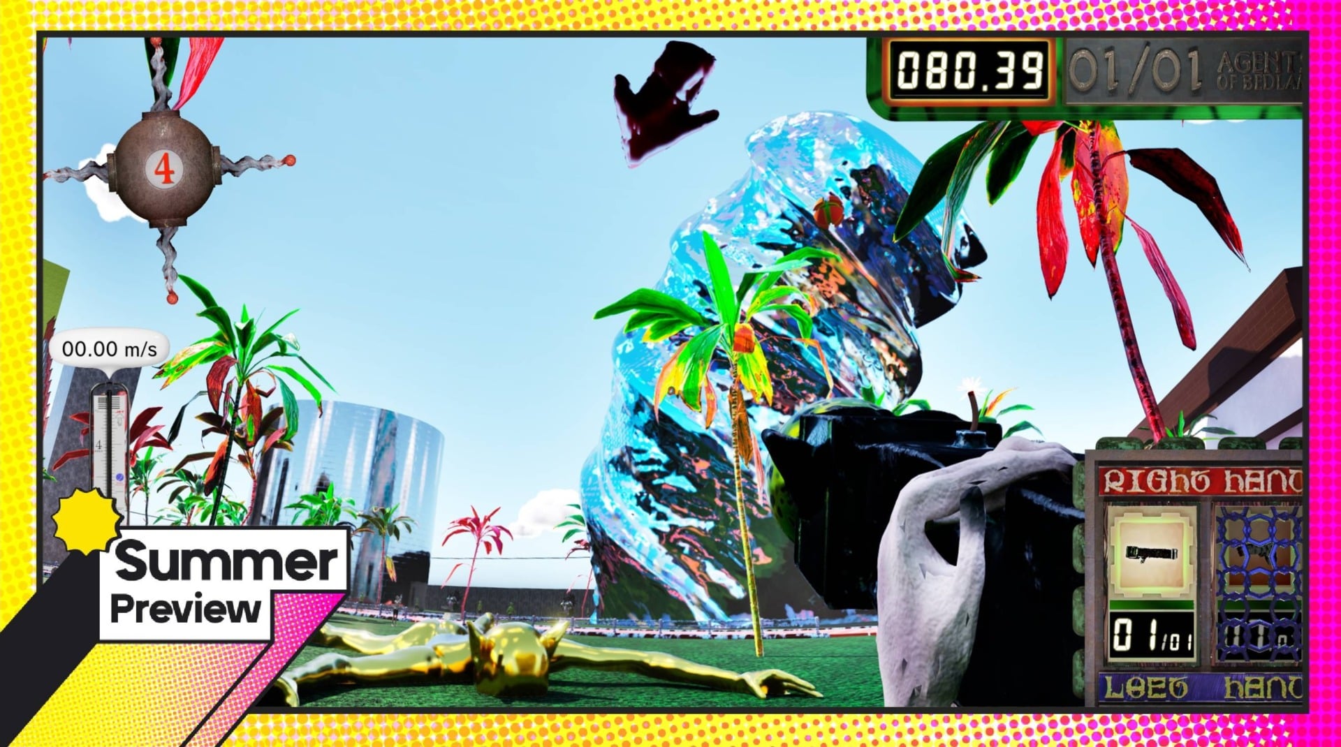 An FPS HUD sits over a surreal level design.