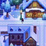 A pixel art town appears in the snow.