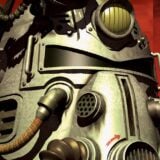 A power armor helmet appears in the wasteland.