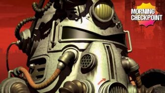 A power armor helmet appears in the wasteland.