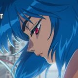 A blue haired woman is in a tube.