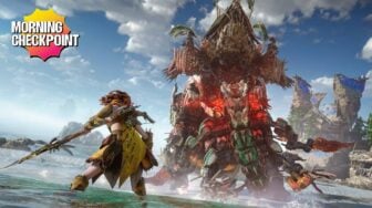 Aloy fights a giant robot in the water.