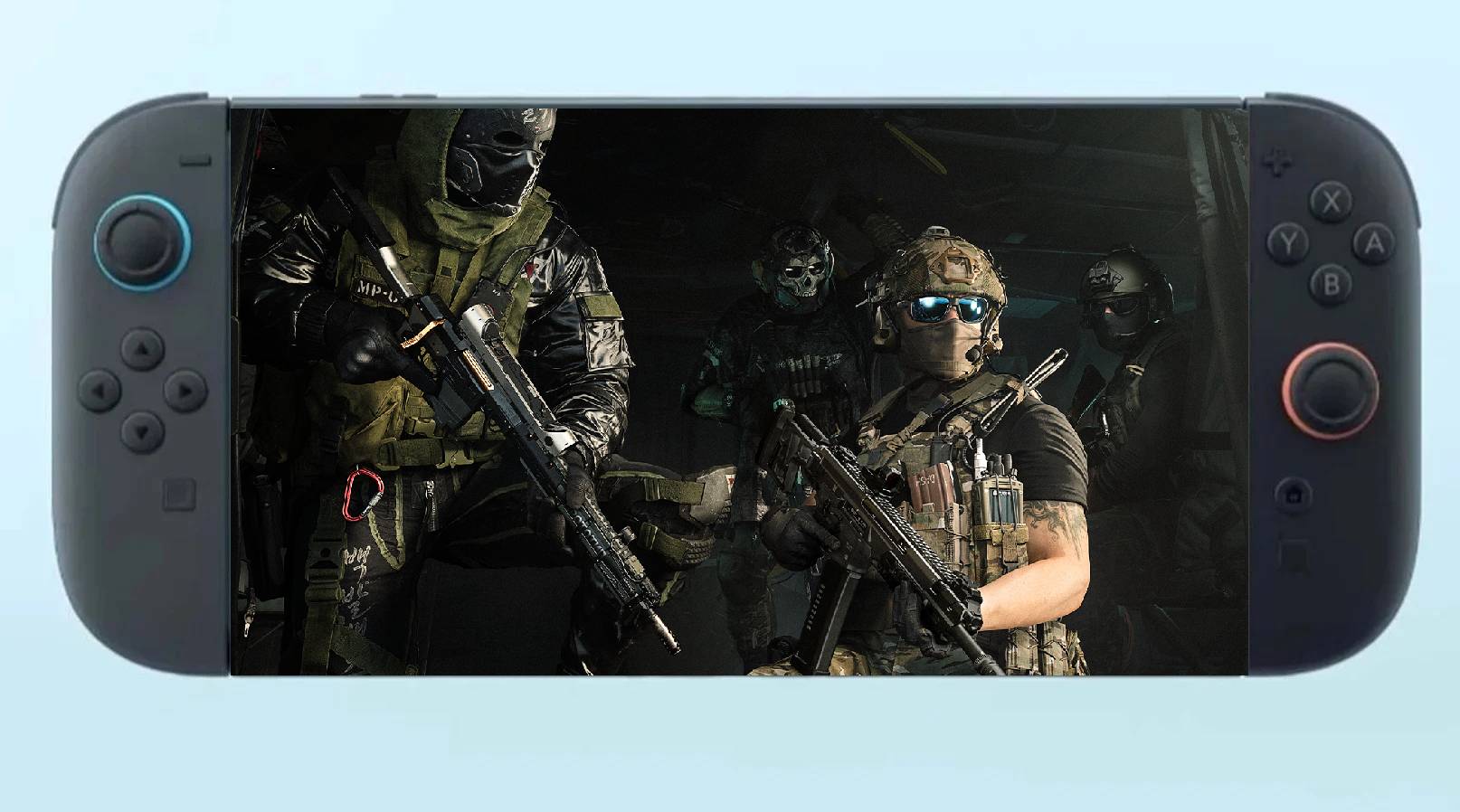 Operators sit in a helicopter.