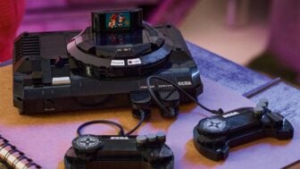 A Lego Sega is displayed on a table.