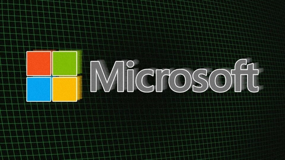 A Microsoft logo appears over a green grid.