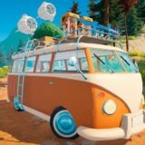 An orange van drives through the forest.