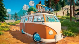 An orange van drives through the forest.