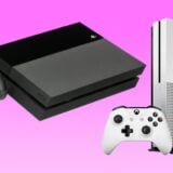 A PS4 and Xbox Series X/S appear over a pink background.