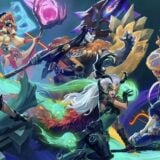 Colorful fantasy characters drift through the air.