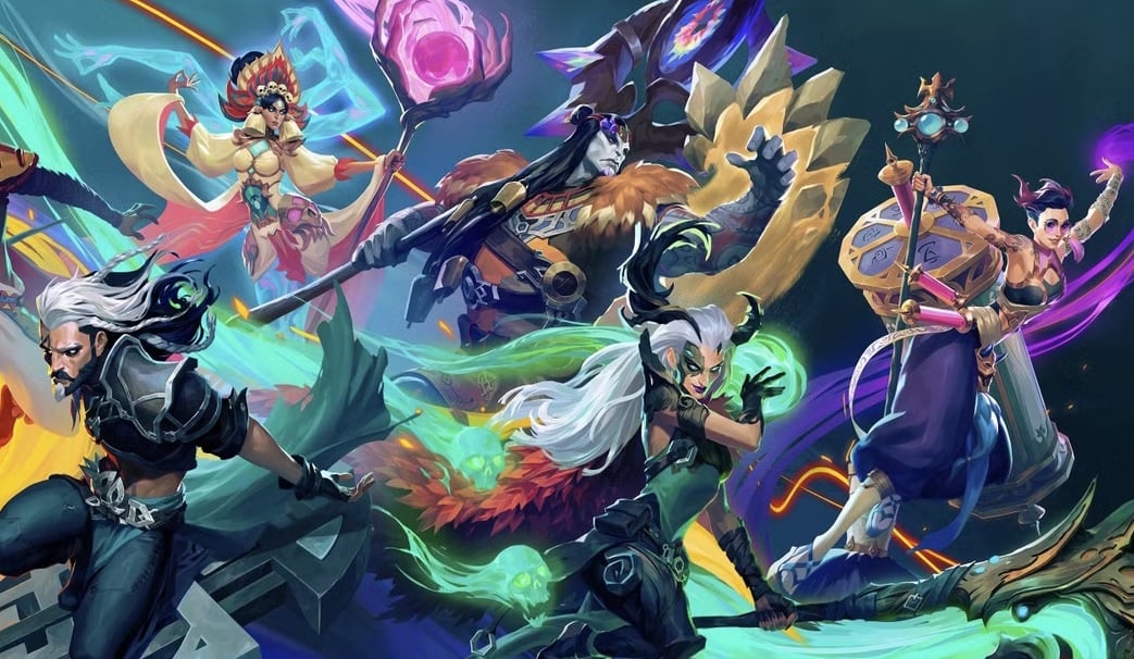 Colorful fantasy characters drift through the air.