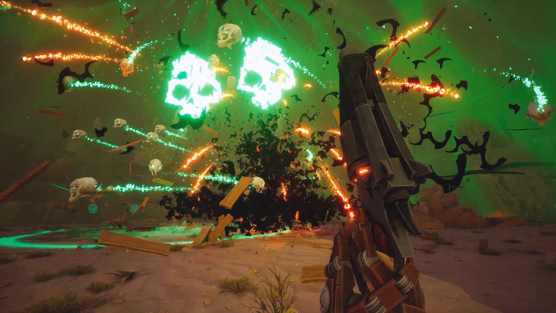 A gun shoots exploding green orbs. 