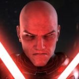 A Sith Lord crosses his light sabers.