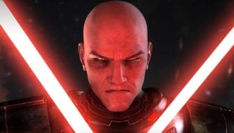 A Sith Lord crosses his light sabers.
