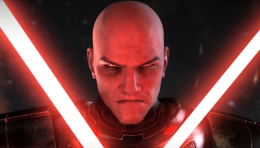 A Sith Lord crosses his light sabers.