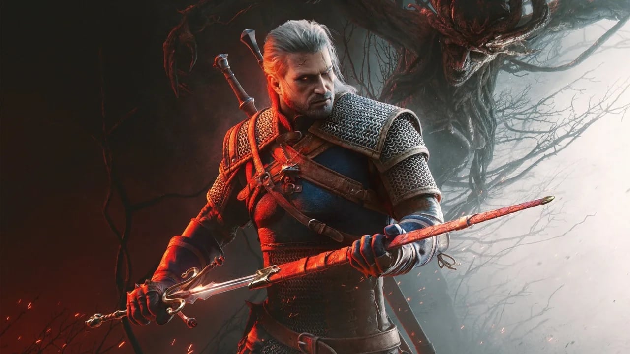 Geralt holds his sword.