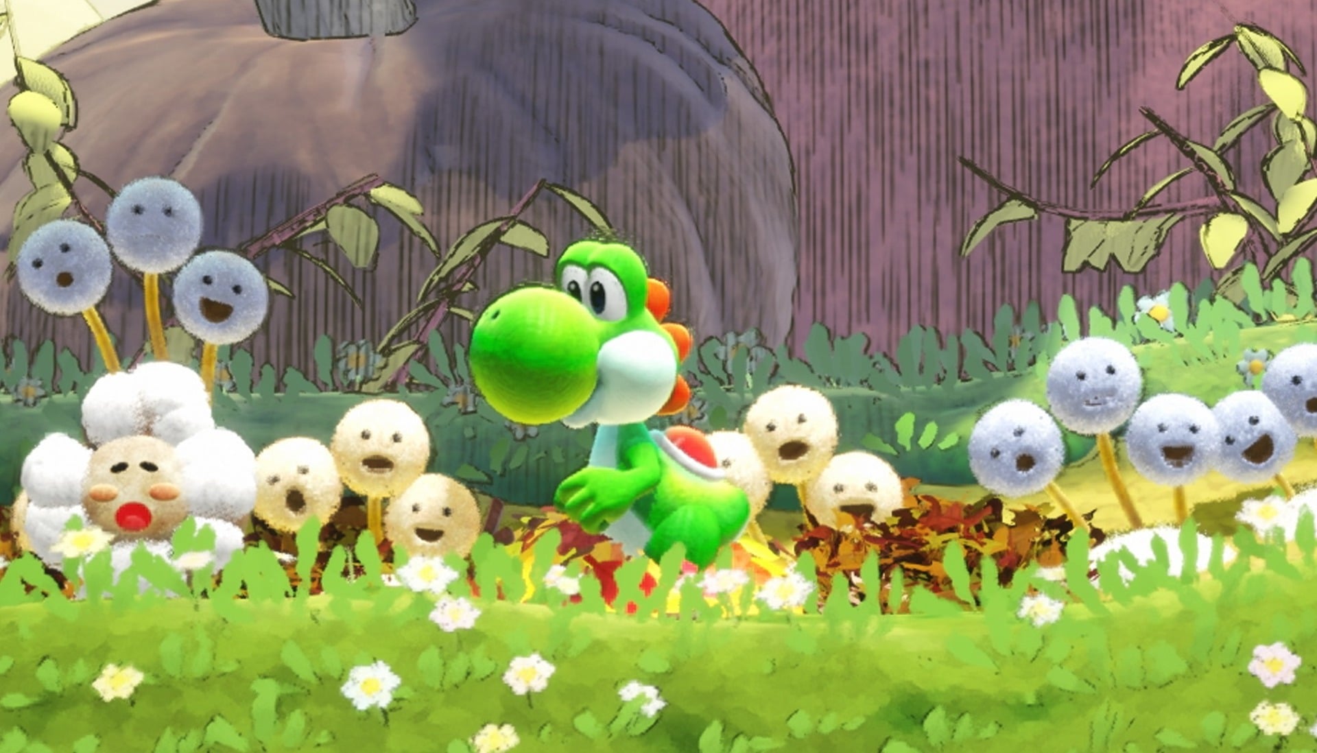 Yoshi walks in a grassy field with flowers.